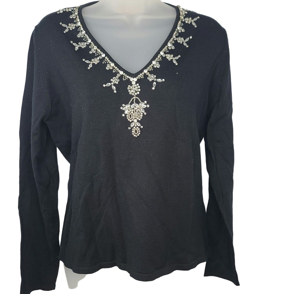 Selford Saks Fifth Avenue Sweater Rhinestone Beaded XL Black Silk Jeweled